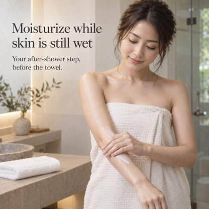 Japanese model applying body milk to wet skin before towel drying