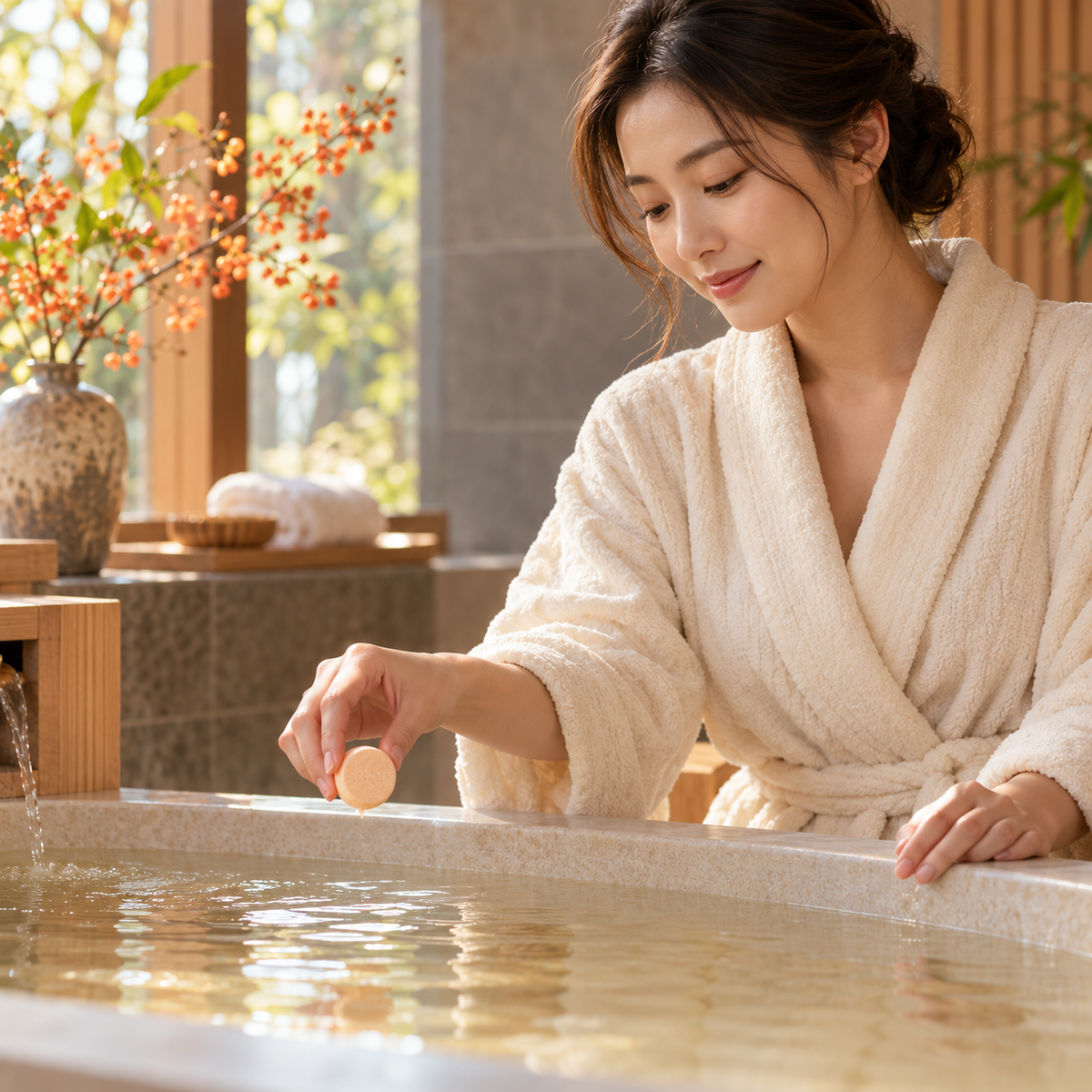 Illustrative bath ritual with Warm Balance tablet
