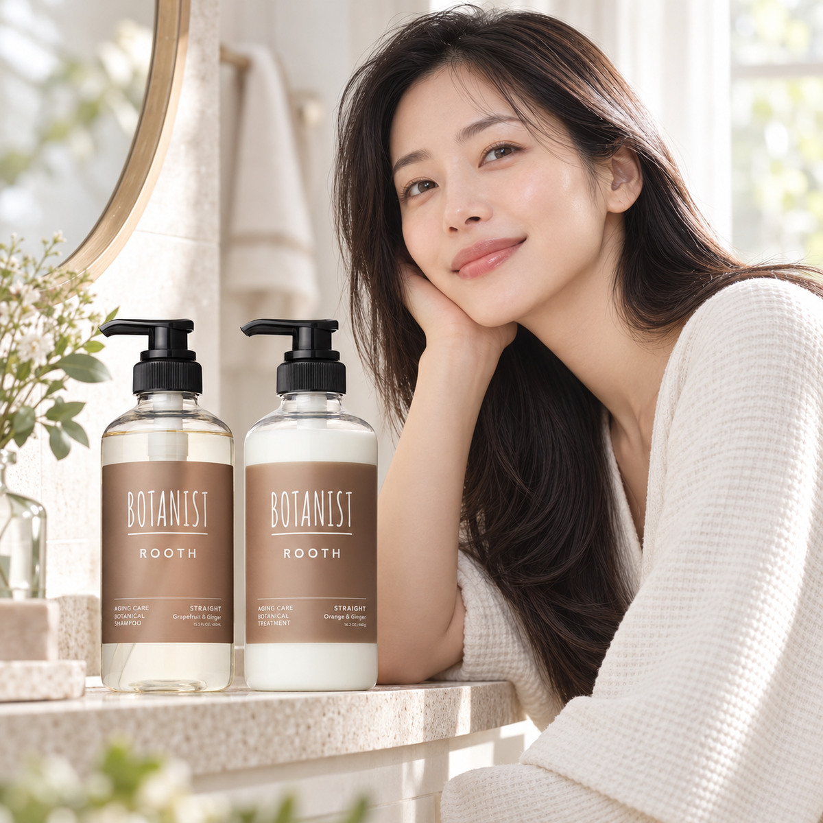 Japanese model with BOTANIST ROOTH Straight set, illustrative