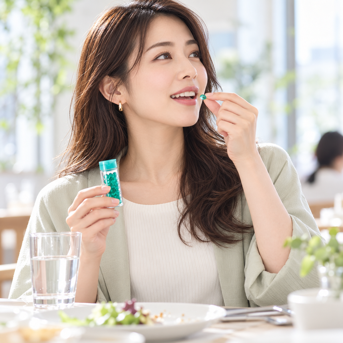 Japanese woman taking a Breath Care capsule with water