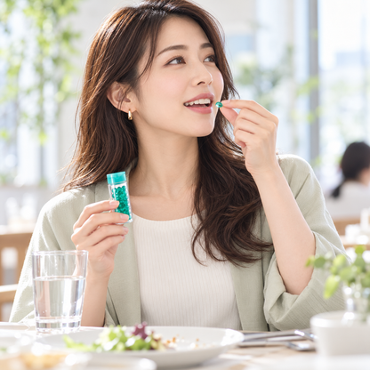 Japanese woman taking a Breath Care capsule with water
