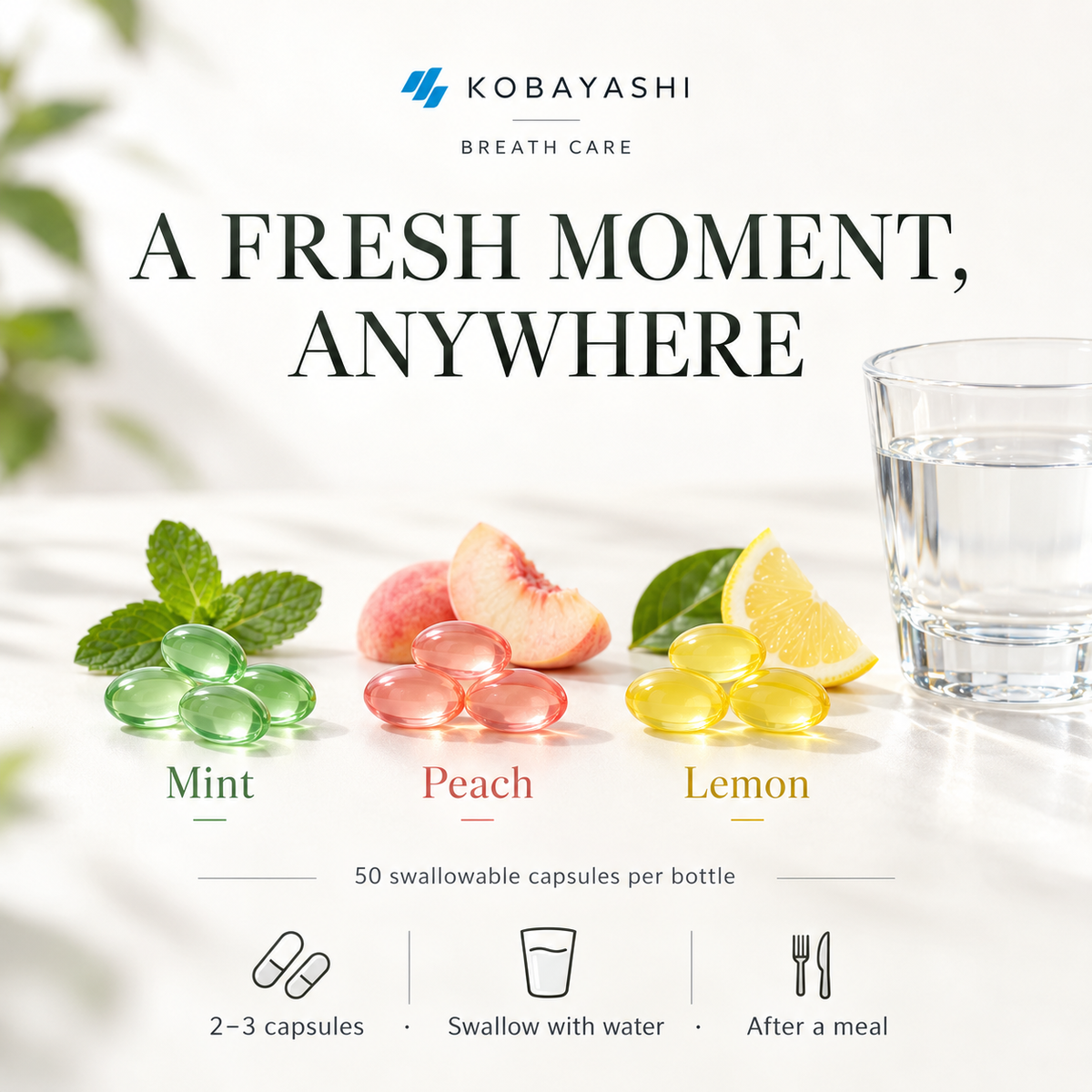 Mint, Peach and Lemon flavors, with swallowing directions
