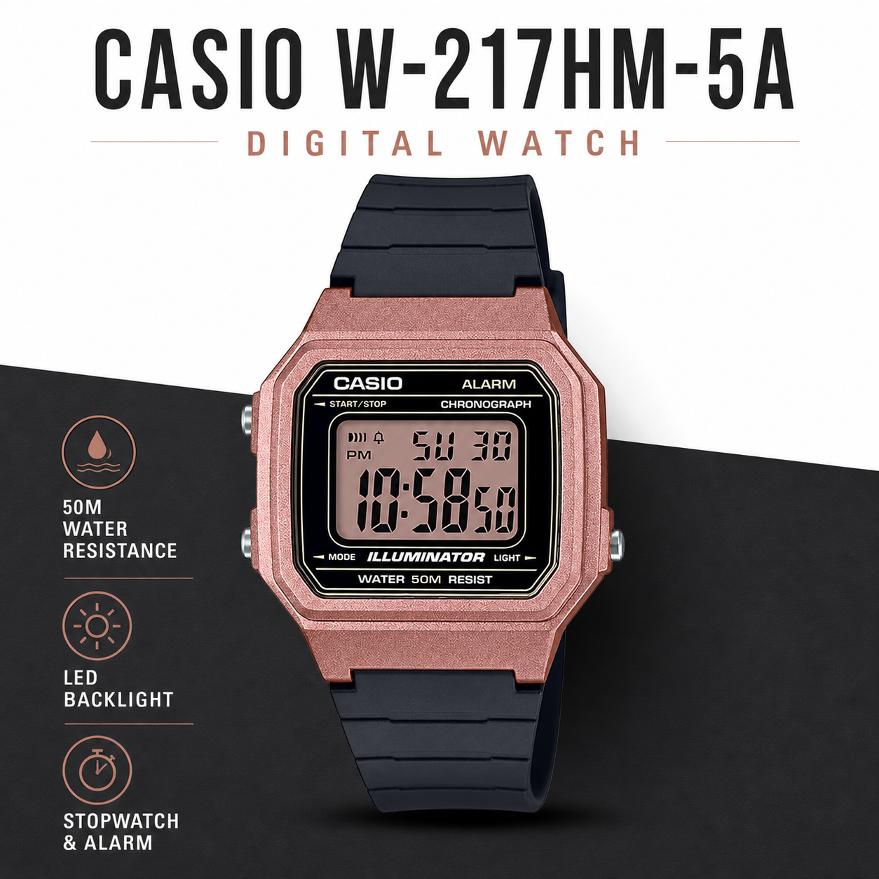 CASIO W-217HM-5A features: water resistance, LED backlight, stopwatch and alarm