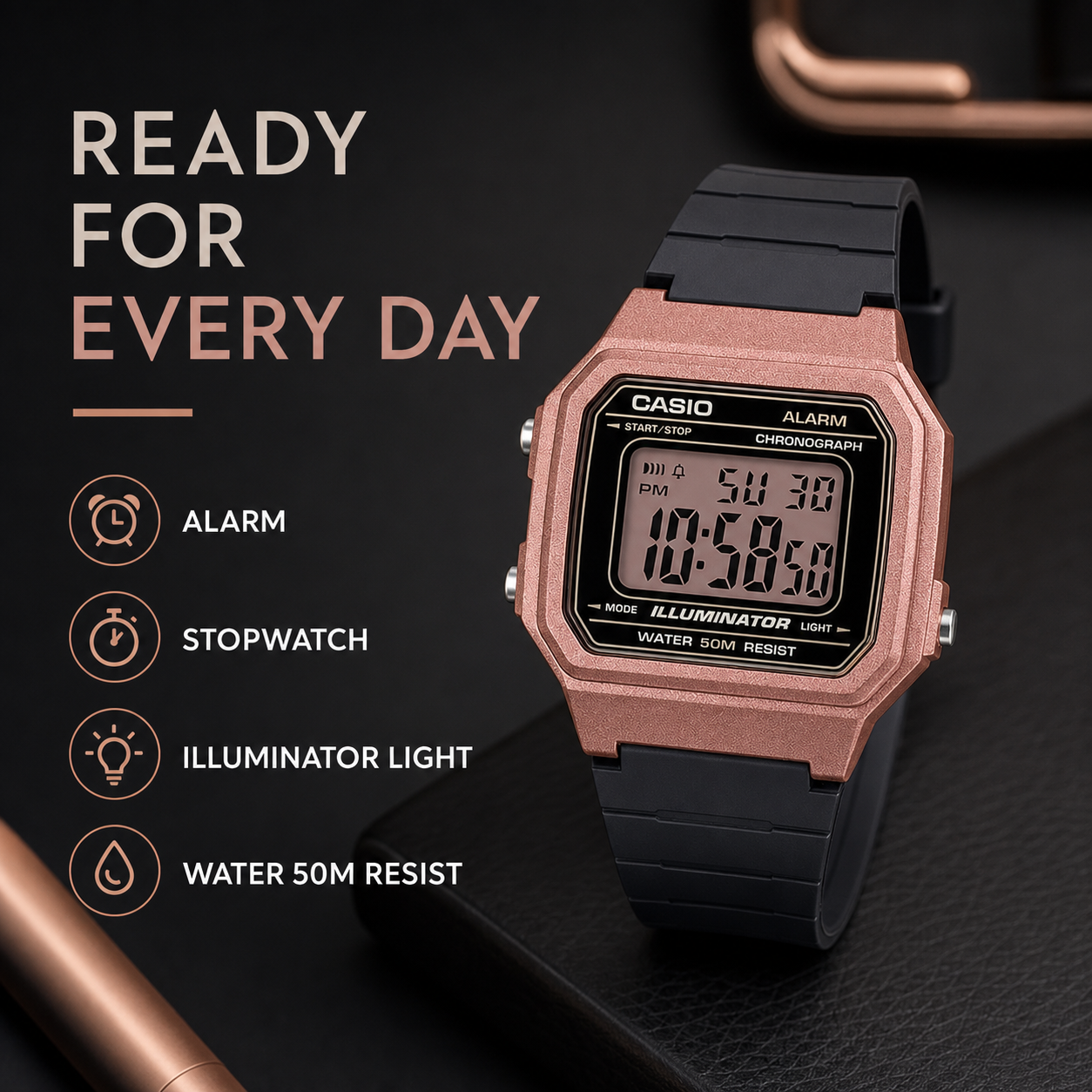 CASIO W-217HM-5A alarm, stopwatch, illuminator light and water resistance