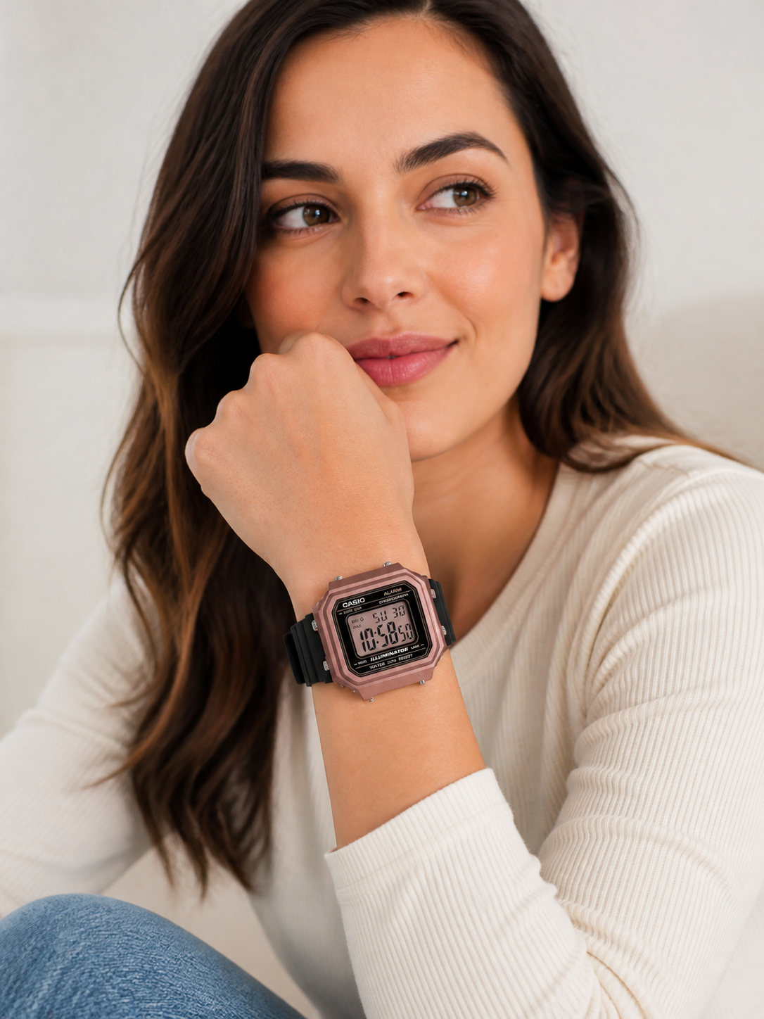 CASIO W-217HM-5A watch worn by an adult woman