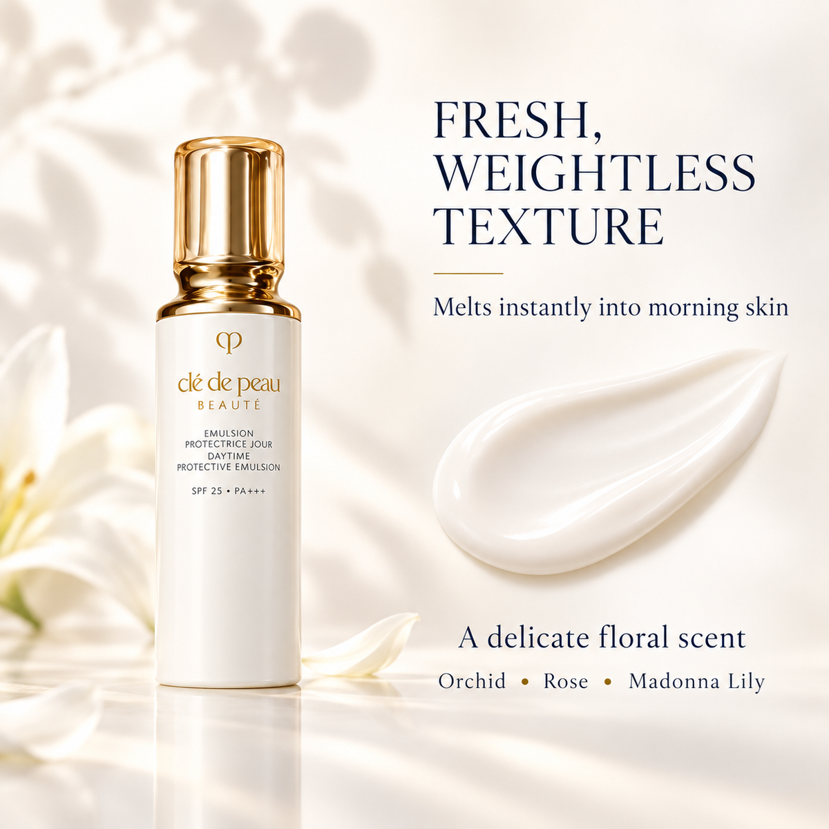 Cle de Peau Beaute Emulsion Protectrice Jour fresh texture and floral scent