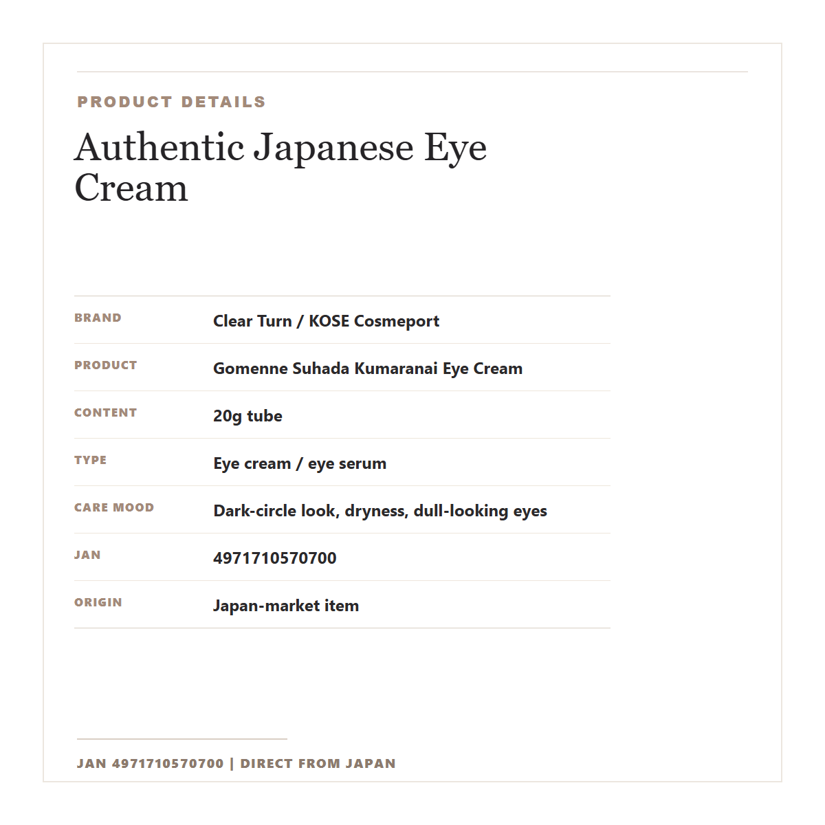 Clear Turn Kumaranai Eye Cream Japan-market product details