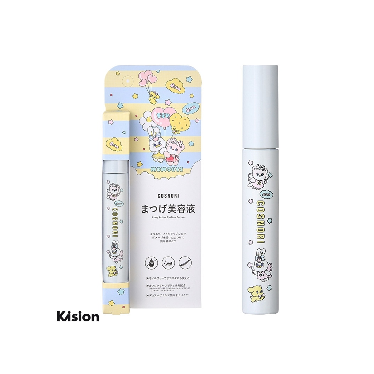 COSNORI MOMOREI eyelash serum with package and tube, centered on white background