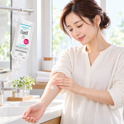 Japanese model using Curél cream on damp arm