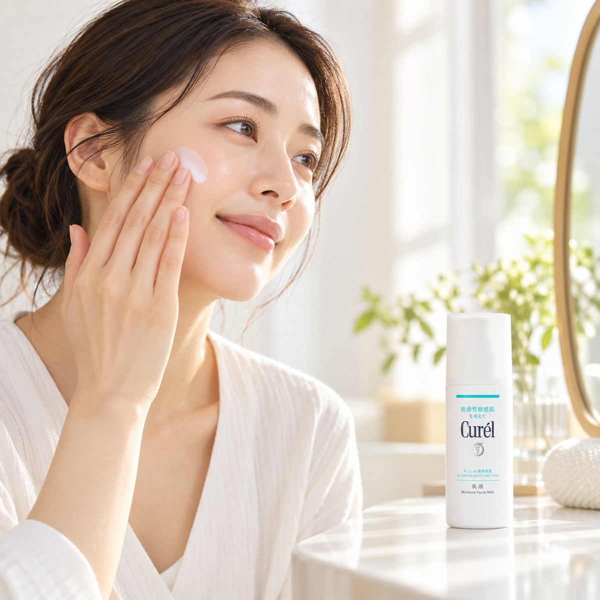 Japanese model applying Curél Moisture Facial Milk
