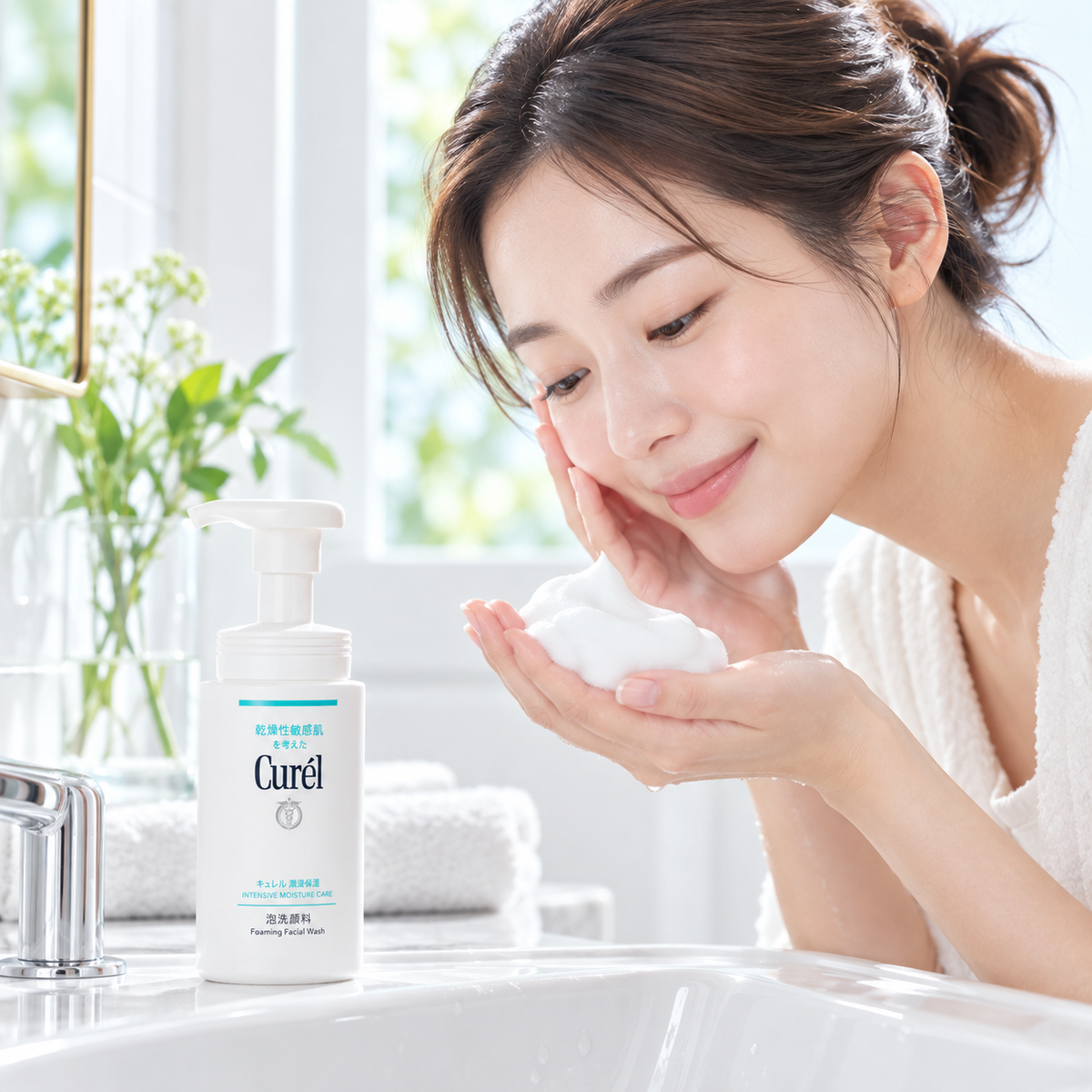 Japanese model using Curél Foaming Facial Wash