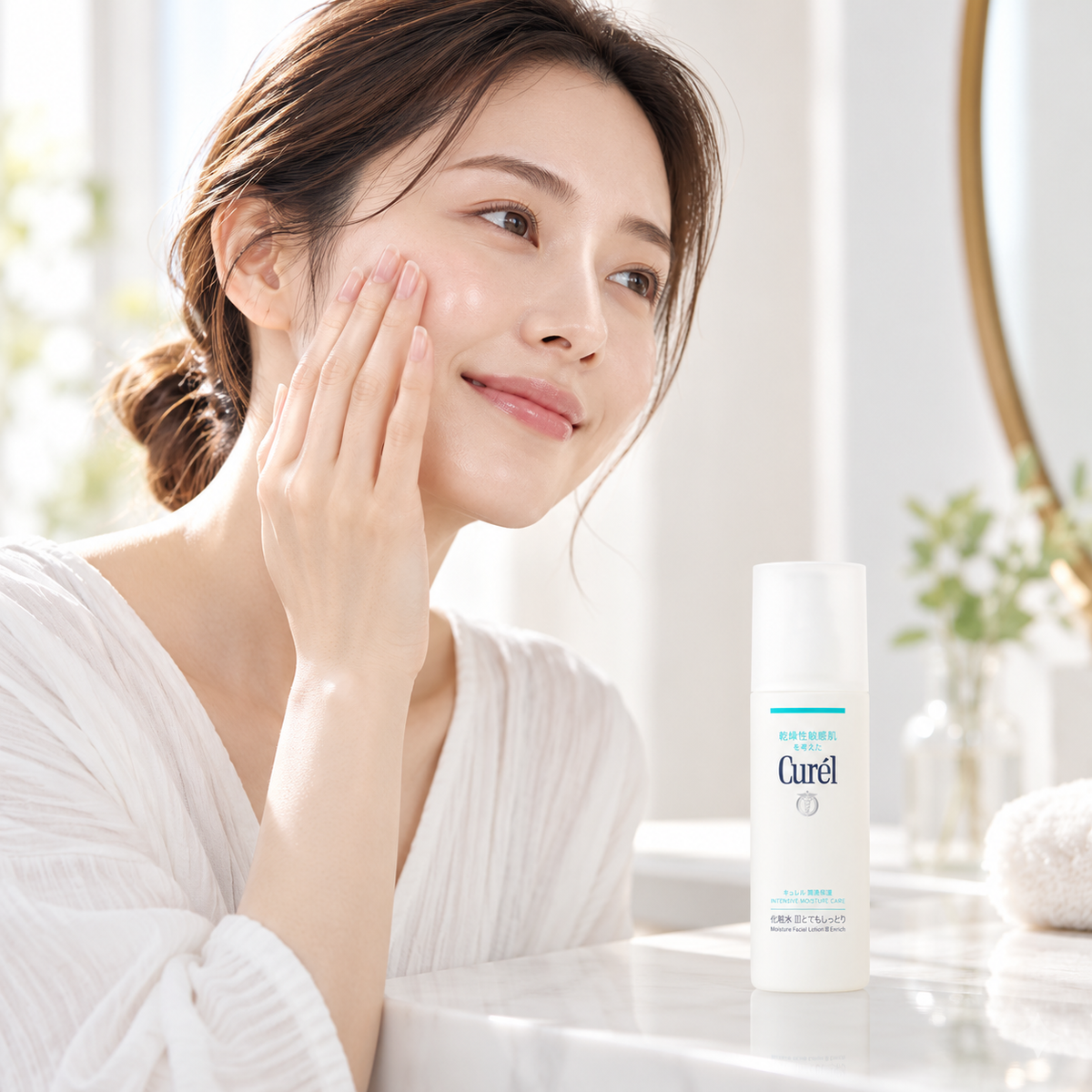 Japanese model applying Curél Lotion III in a minimal bathroom
