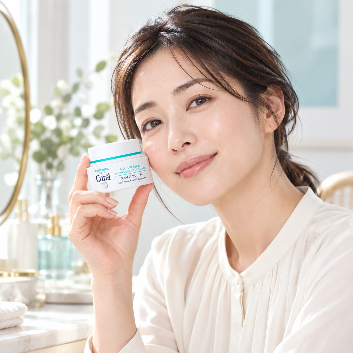Japanese model with Curél Intensive Moisture facial cream
