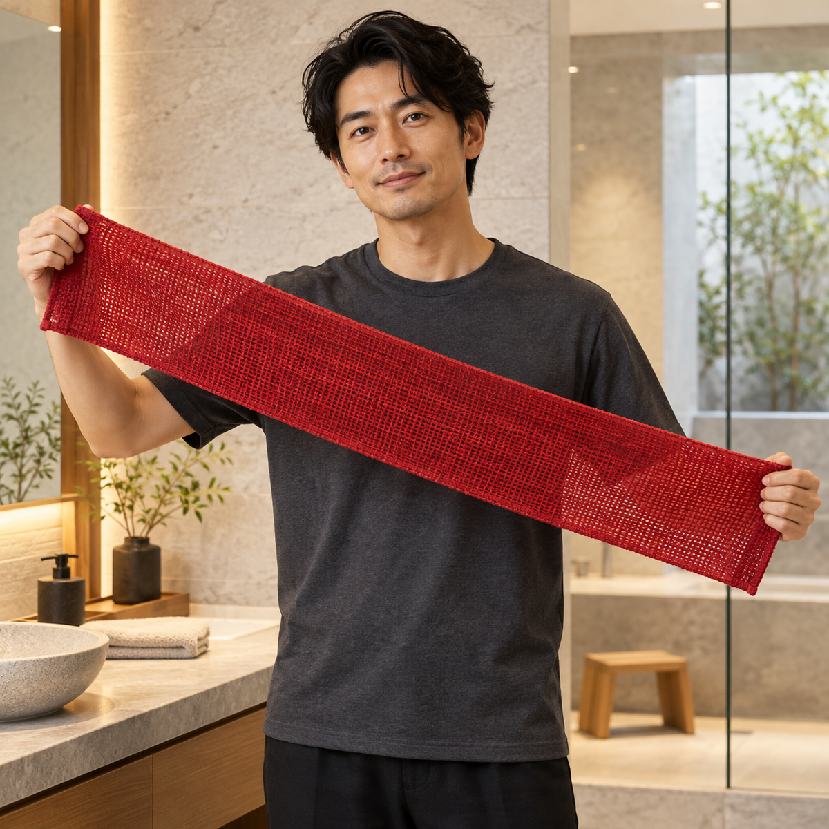 Japanese model holding the long red body towel