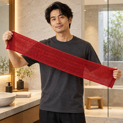 Japanese model holding the long red body towel