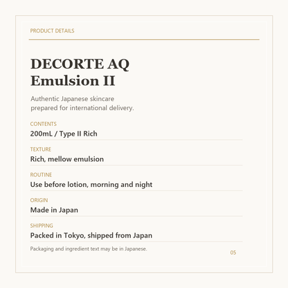 DECORTE AQ Emulsion II text product details image