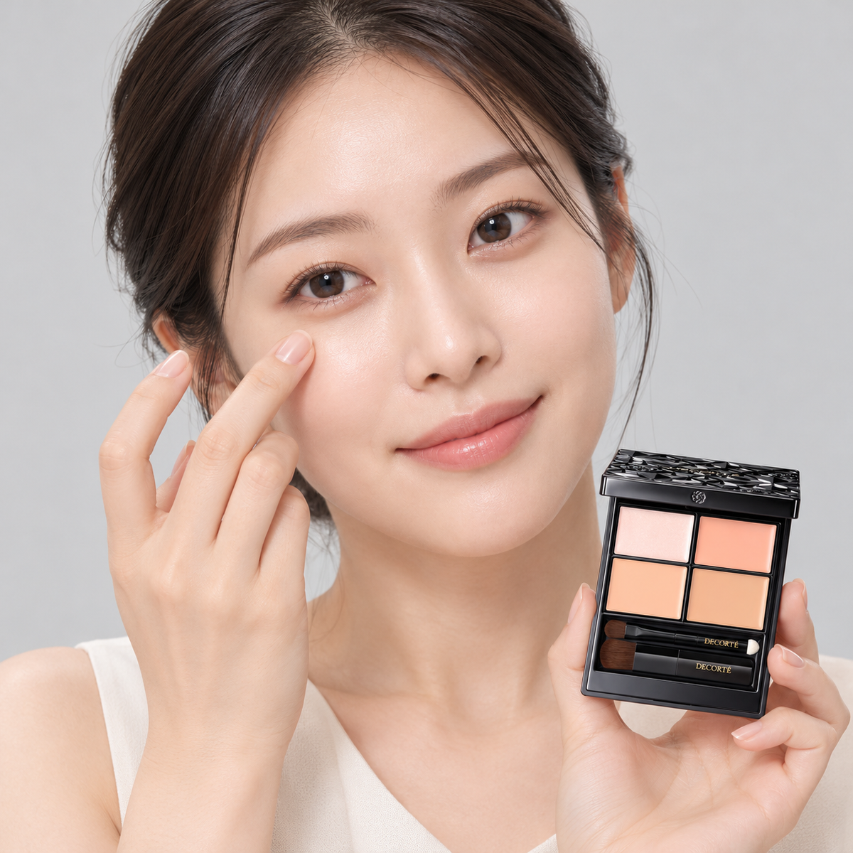 Modelo ilustrativo japonês aplicando corretivo com a paleta DECORTÉ Tone & Flat Perfecting, tom 01