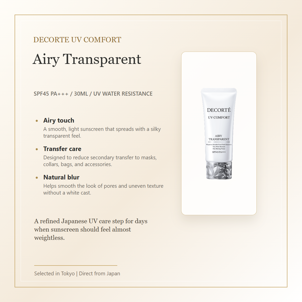 Decorte UV Comfort Airy Transparent SPF45 PA+++ 30mL elegant product overview