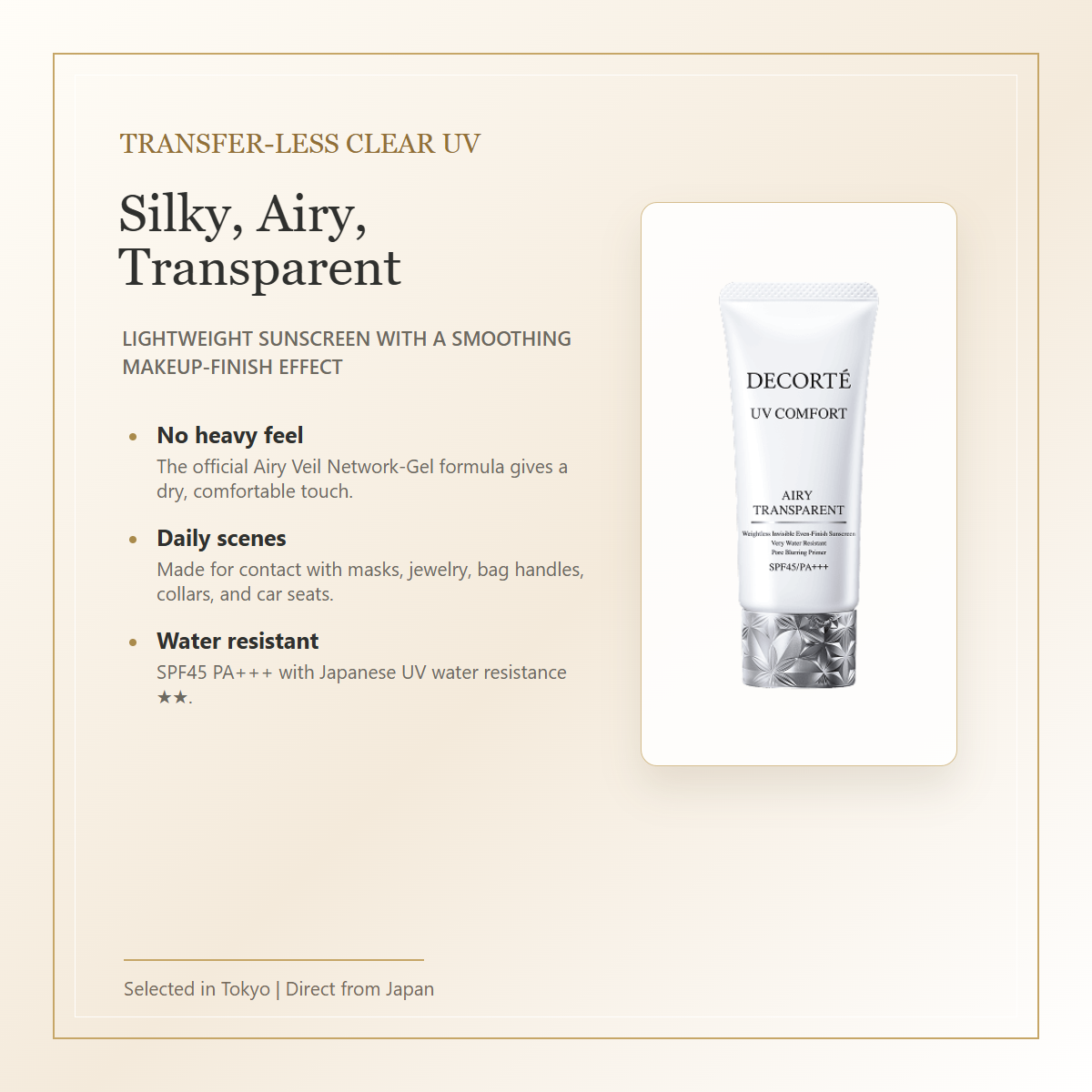 Decorte UV Comfort Airy Transparent SPF45 PA+++ 30mL transfer-less transparent UV feature