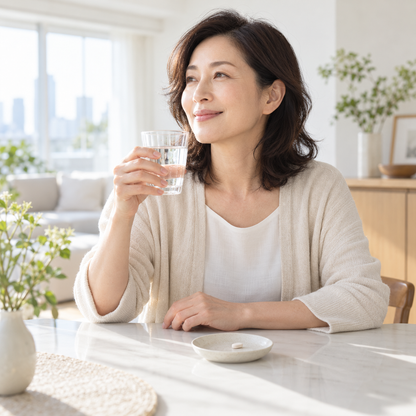 Illustrative Japanese woman taking a daily tablet with water