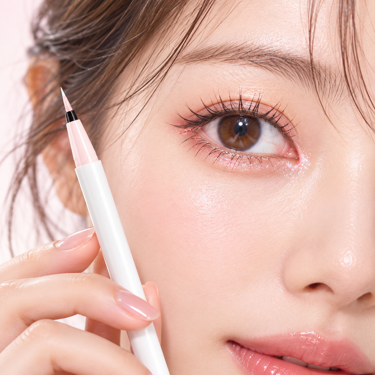 Japanese model wearing D-UP Dazzle Pink glitter eyeliner
