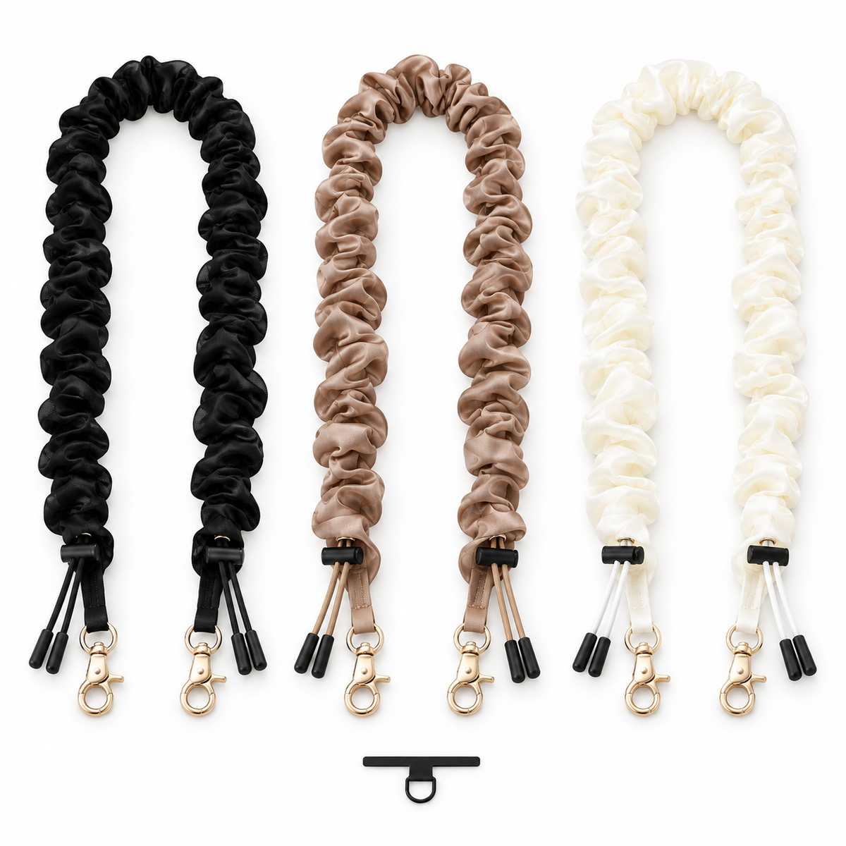 Elecom scrunchie smartphone shoulder straps in black, brown and ivory with strap-hole sheet on white background; illustrative