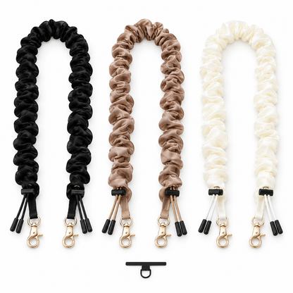 Elecom scrunchie smartphone shoulder straps in black, brown and ivory with strap-hole sheet on white background; illustrative