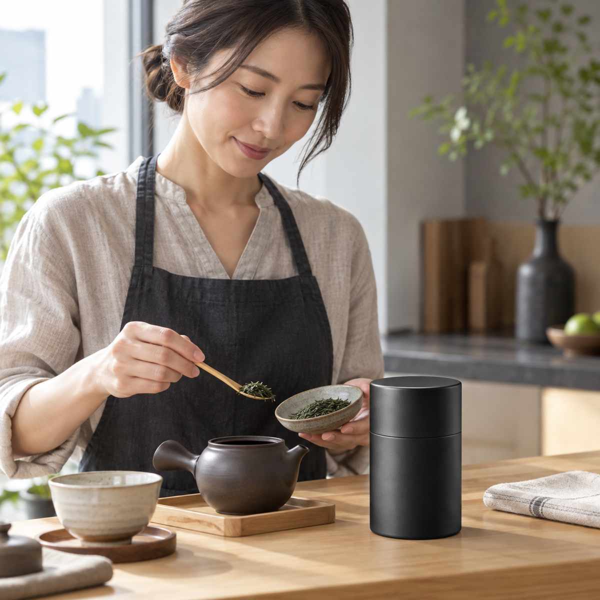 Japanese tea preparation with eNZO EM-082 tea canister