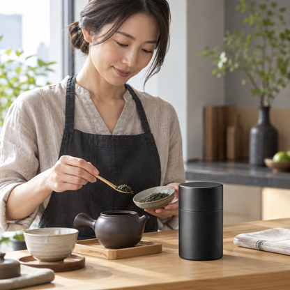 Japanese tea preparation with eNZO EM-082 tea canister