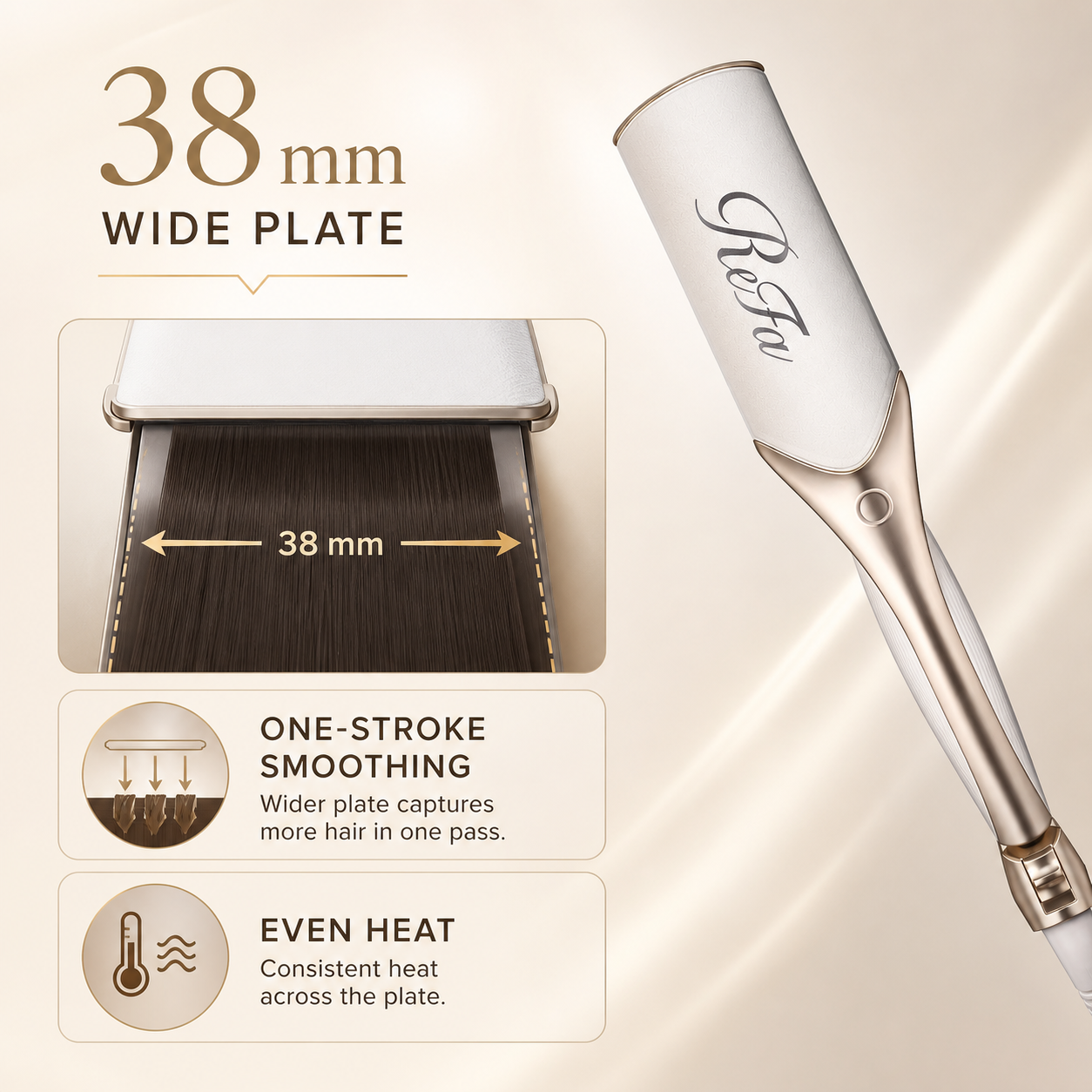 38 mm wide plate feature of the ReFa POWER STRAIGHT IRON PRO