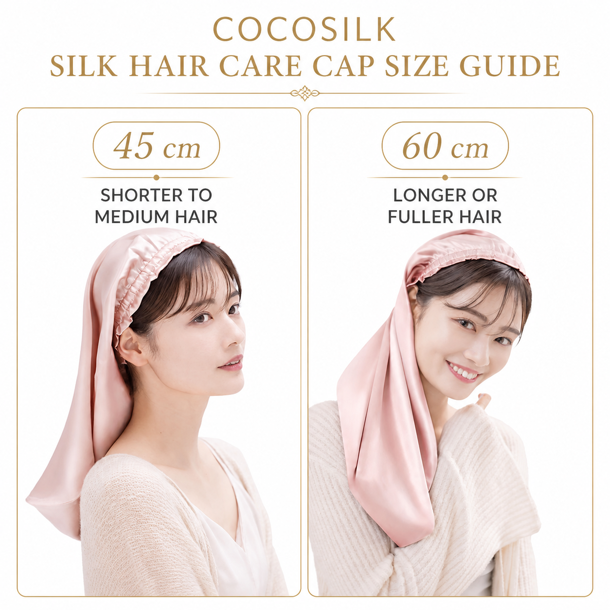 COCOSILK silk hair care cap 45cm and 60cm size guide