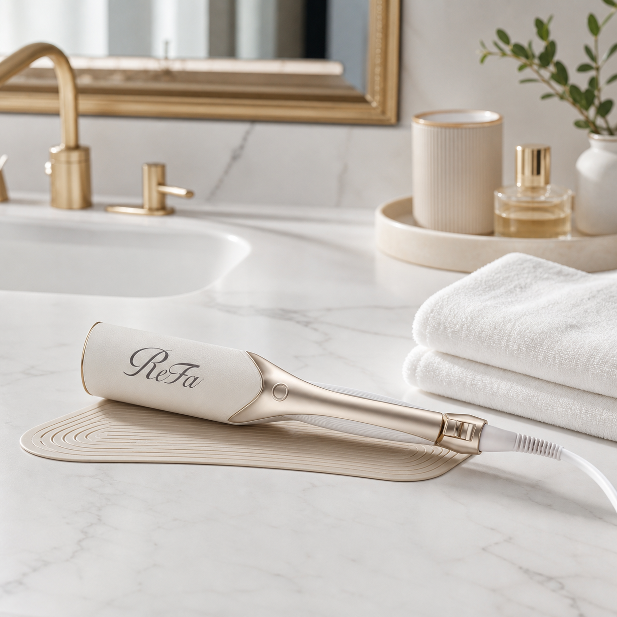 ReFa POWER STRAIGHT IRON PRO resting safely on a bathroom counter