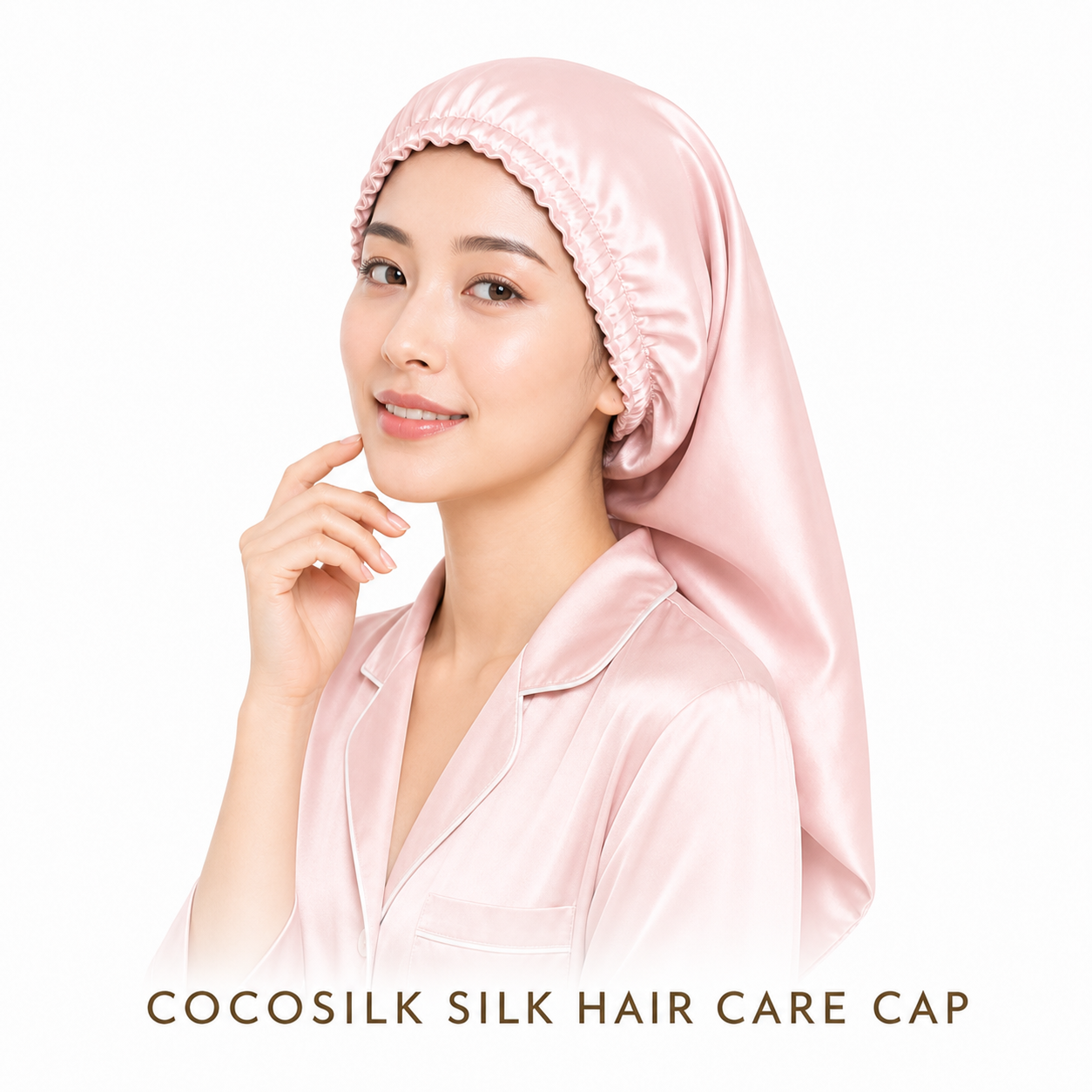 COCOSILK light pink silk hair care cap on original Japanese model