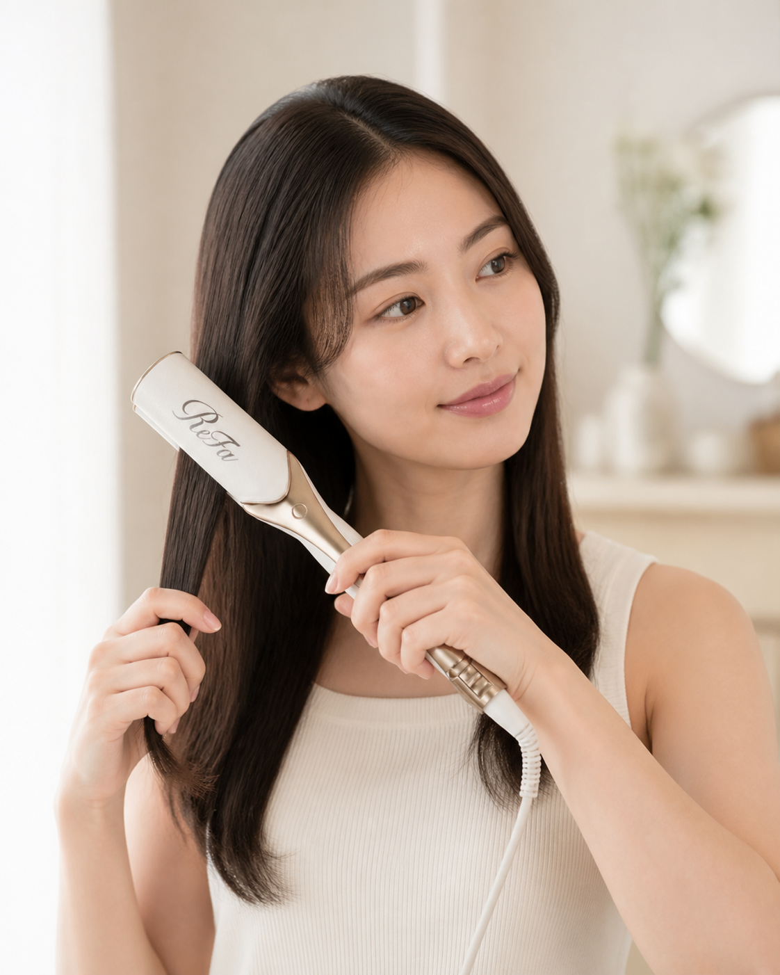 Fictional Japanese woman using the ReFa POWER STRAIGHT IRON PRO