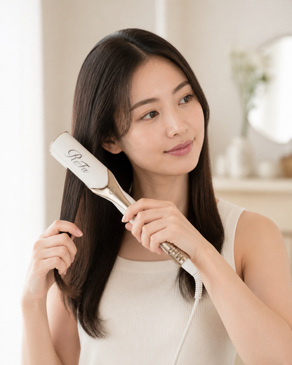 Fictional Japanese woman using the ReFa POWER STRAIGHT IRON PRO