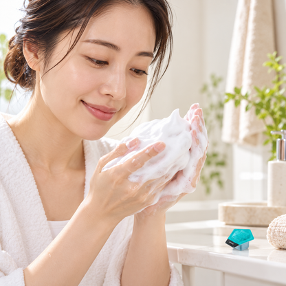 Japanese woman preparing soft facial cleansing foam