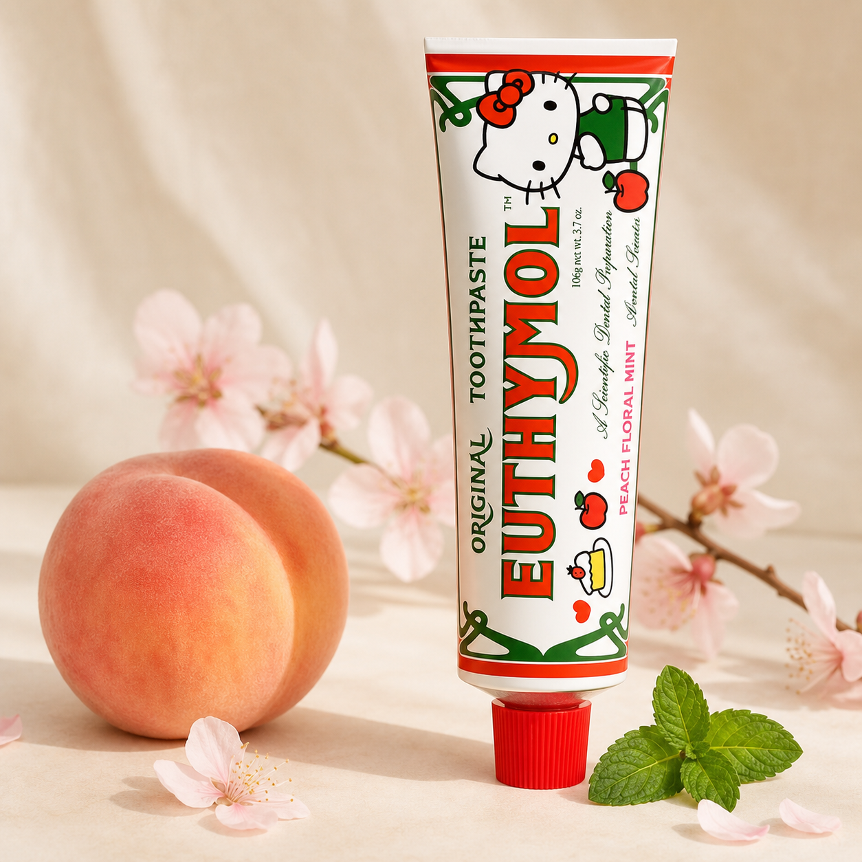 EUTHYMOL Hello Kitty toothpaste with peach blossoms and mint, Peach Floral Mint flavor