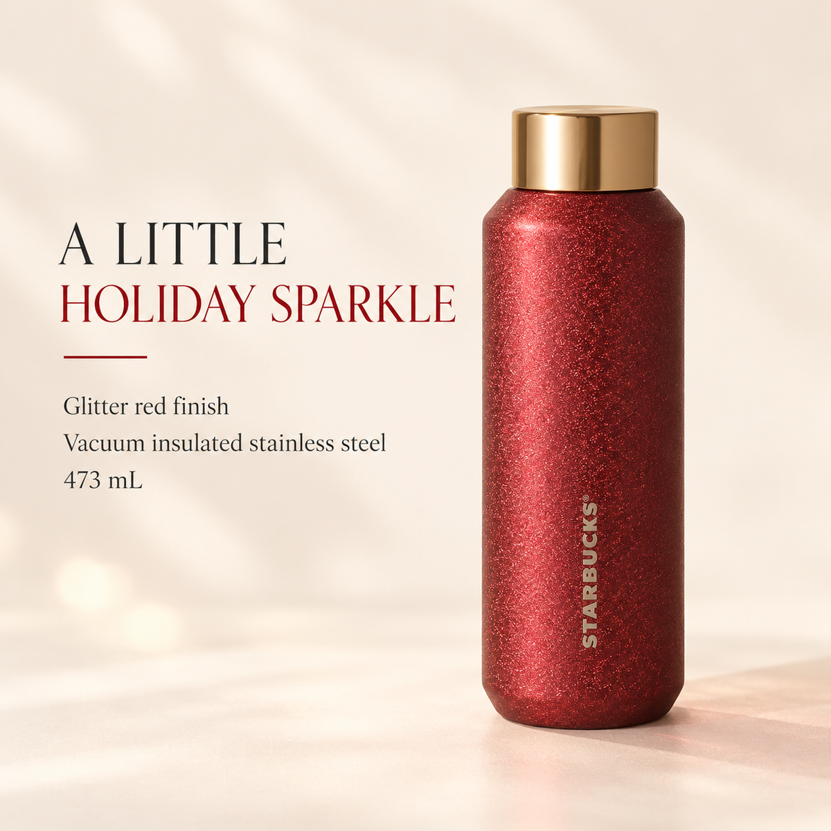 Holiday glitter red stainless bottle, 473 mL