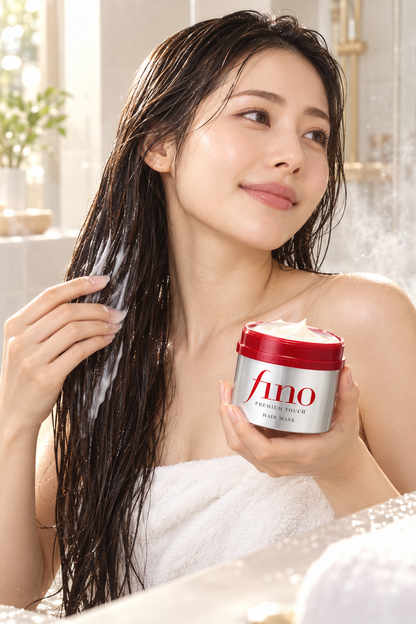 Japanese woman using fino Premium Touch Hair Mask