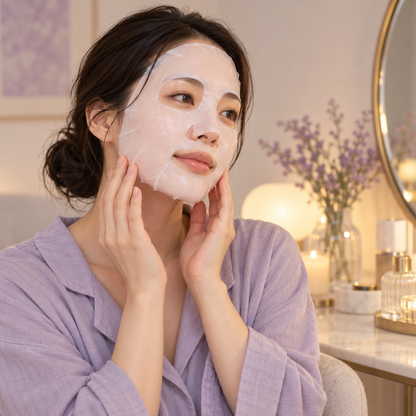Illustrative Japanese model wearing a sheet mask during an evening skincare routine