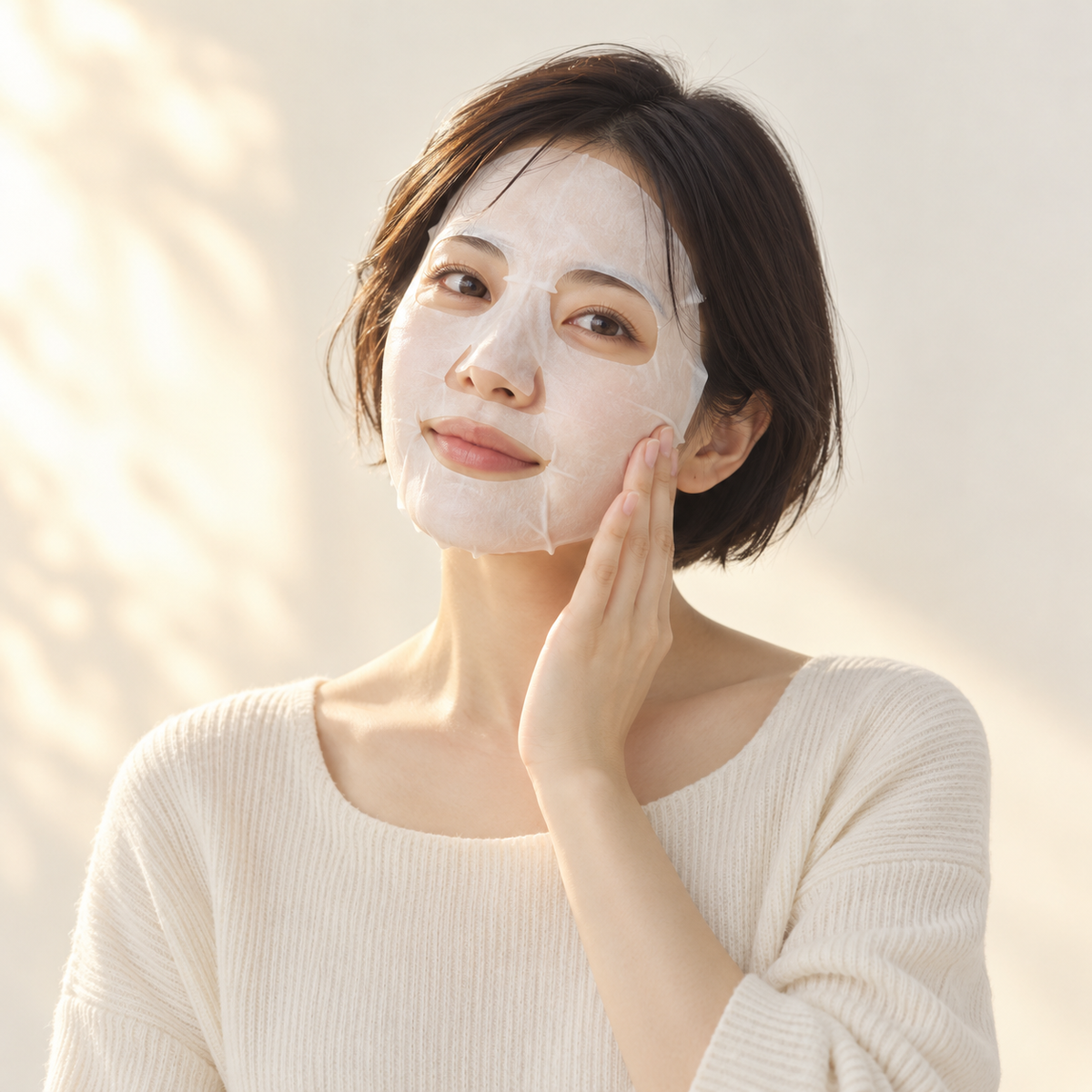 Illustrative Japanese model wearing a facial sheet mask