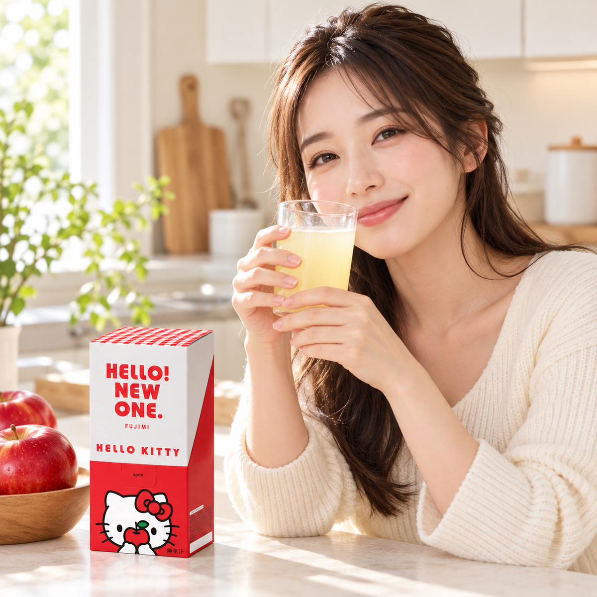 Japanese adult model enjoying an apple protein drink; glass not included