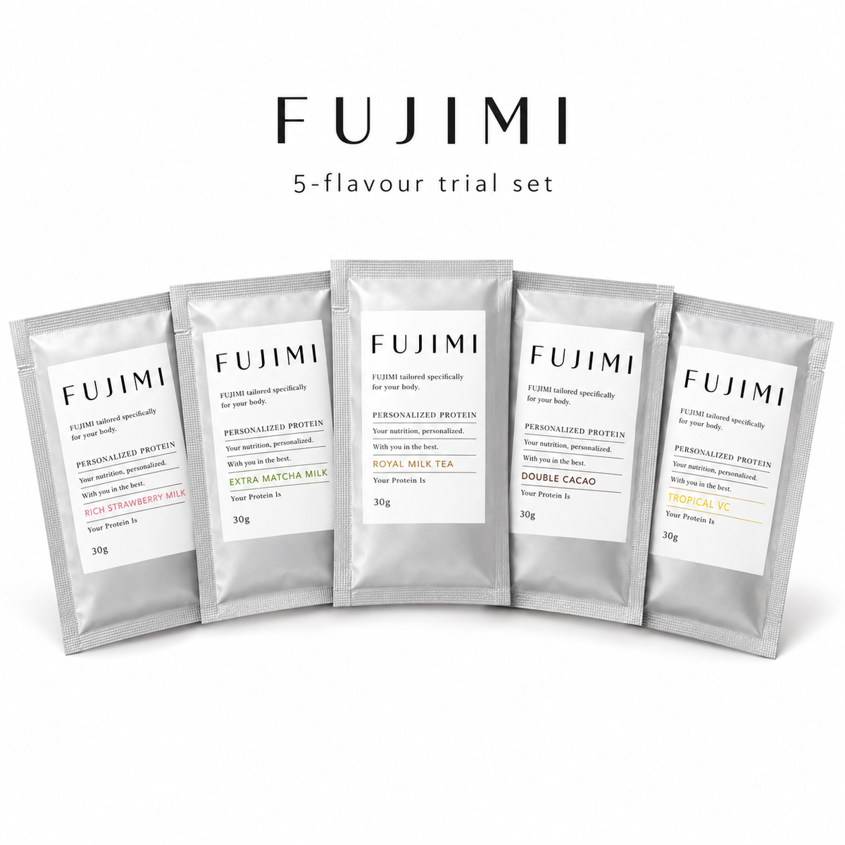 FUJIMI five-flavour protein trial set, five 30 g sachets