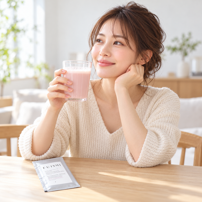 FUJIMI protein drink lifestyle serving suggestion; glass not included