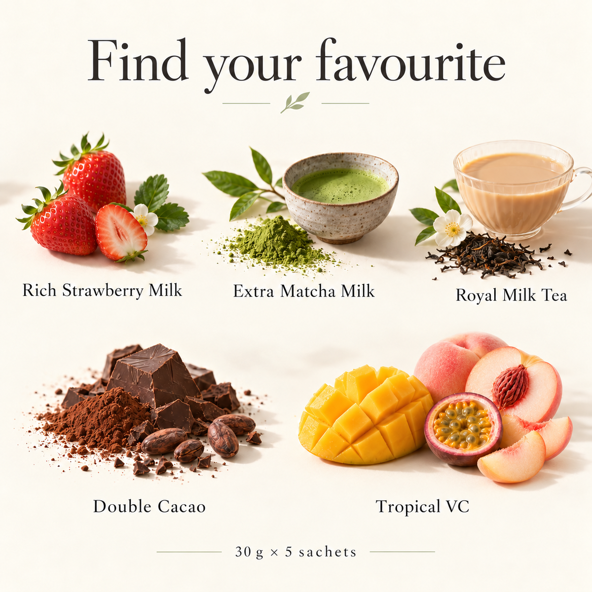 FUJIMI five flavours, 30 g each; flavour illustrations