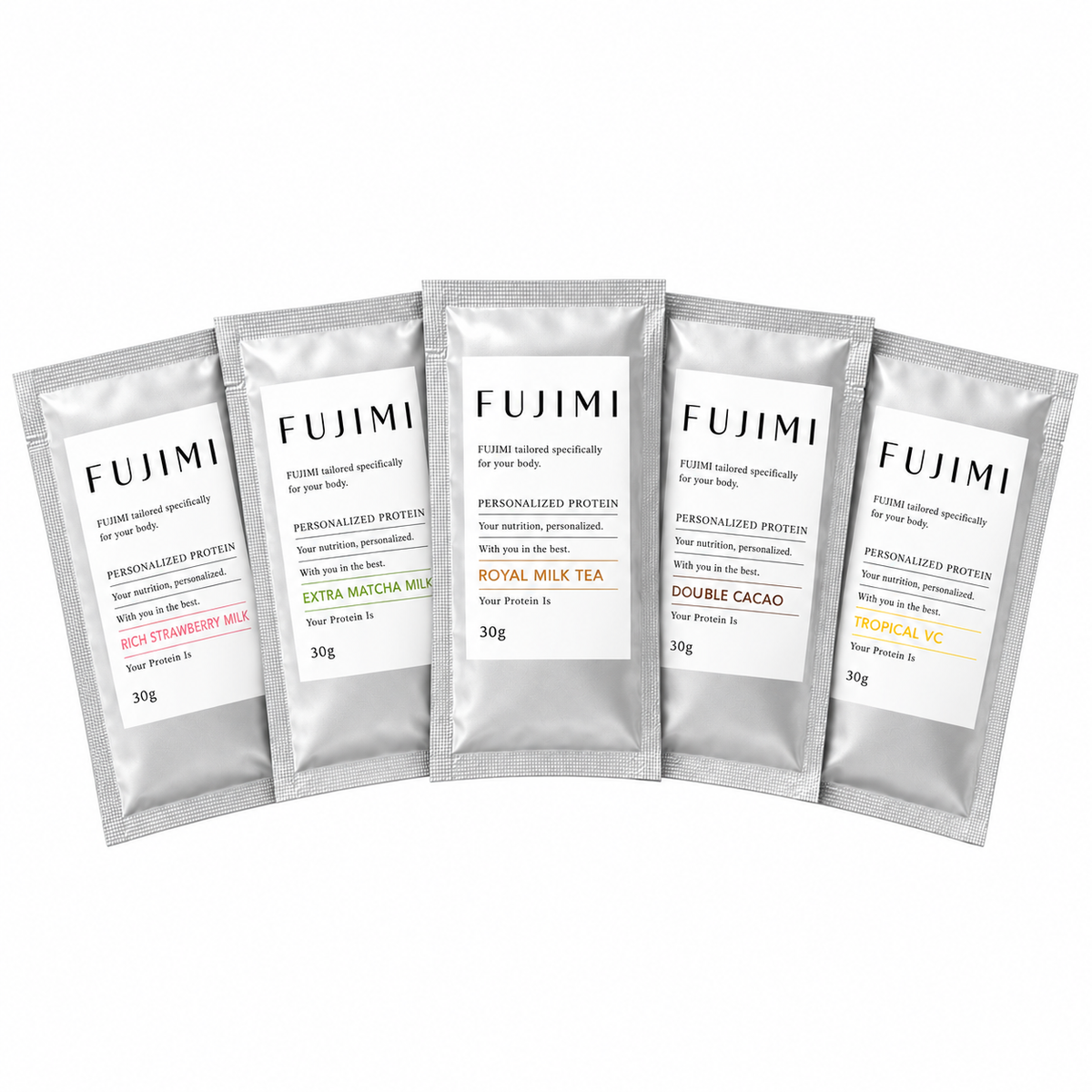 FUJIMI Protein Trial Set cinco sabores, cinco saquetas de 30g em fundo branco