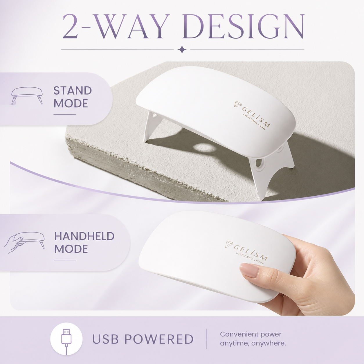 GELiSM UVLED nail light two-way stand and handheld design