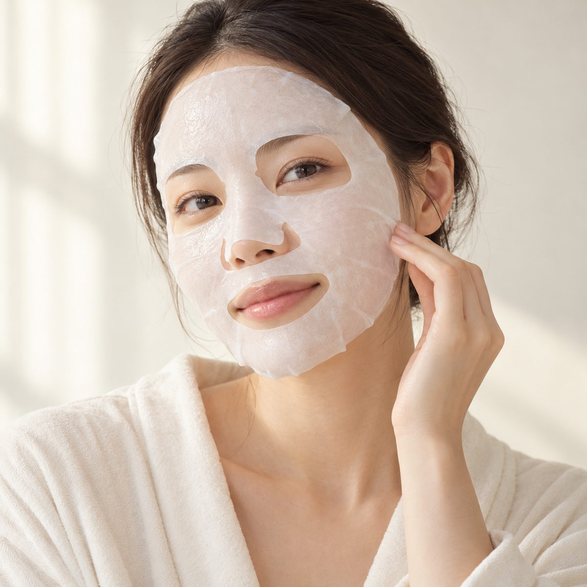 Illustrative Japanese model wearing a serum sheet mask