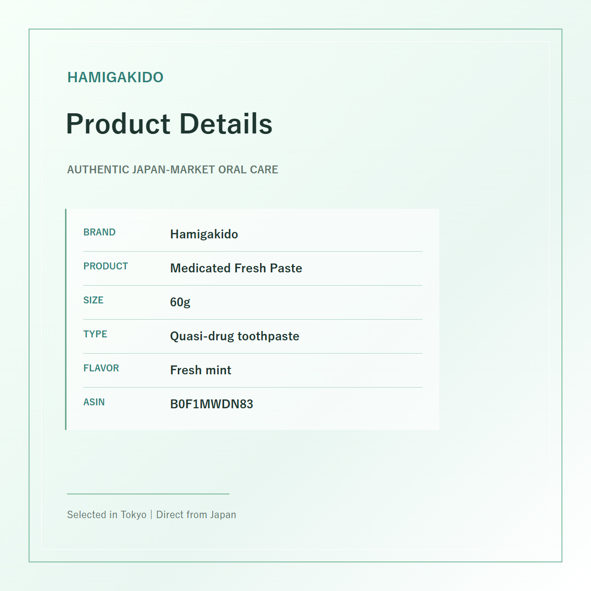Hamigakido Medicated Fresh Paste Fresh Mint 60g product details