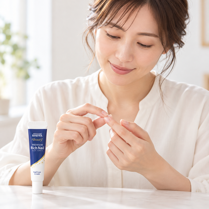 Japanese adult model massaging nail-care cream into a fingernail